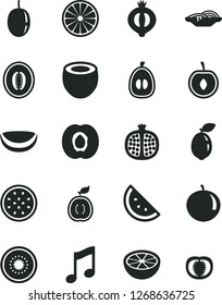 Solid Black Vector Icon Set - music vector, slices of onion, orange slice, half apricot, pomegranate, medlar, melon, tangerine, loquat, cherry, passion fruit, kiwi, sour lime, guawa, piece coconut