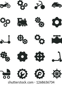 Solid Black Vector Icon Set - truck lorry vector, baby carriage, children's train, tricycle, Kick scooter, child, gears, cogwheel, gear, star, valve, retro car, three, motorcycle, handwheel