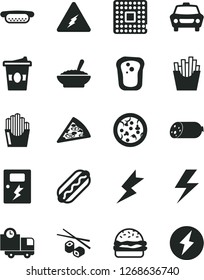 Solid Black Vector Icon Set - lightning vector, dangers, car, delivery, sausage, pizza, piece of, Hot Dog, mini, burger, a bowl buckwheat porridge, French fries, fried potato slices, coffe to go