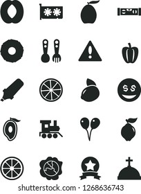 Solid Black Vector Icon Set - warning vector, plastic fork spoons, baby toy train, colored air balloons, building level, squash, quince, half of mango, loquat, peach, yellow lemon, juicy, slice