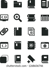 Solid Black Vector Icon Set - add bookmark vector, clean sheet of paper, zoom, folder, book, e, books, notebook, address, clip, copy, scientific publication, wall calendar, newspaper, browser, file