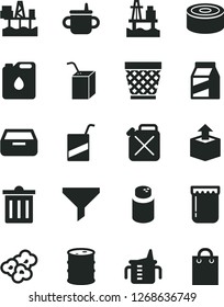 Solid Black Vector Icon Set - wicker pot vector, bin, mug for feeding, measuring cup, powder, e, packing of juice with a straw, drawer, package, unpacking, canned goods, popcorn, jam, sea port, oil