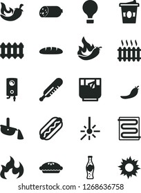 Solid Black Vector Icon Set - mercury thermometer vector, heating coil, new radiator, boiler, sausage, loaf, Hot Dog, pie, chili, coffe to go, a glass of tea, bottle soda, red pepper, outdoor, flame