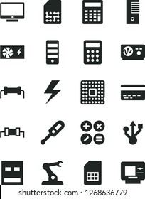 Solid Black Vector Icon Set - lightning vector, bank card, calculator, electronic thermometer e, screen, math actions, processor, assembly robot, SIM, pc power supply, tower, usb, oscilloscope, atm