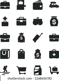 Solid Black Vector Icon Set - briefcase vector, medical bag, portfolio, suitcase, with handles, package, cart, wallet, purse, money, dollars, car baggage, backpacker, scanner, rolling case