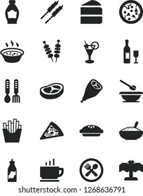 Solid Black Vector Icon Set - plates and spoons vector, iron fork, coffee, fried vegetables on sticks, pizza, piece of, cake, pie, a bowl rice porridge, in saucepan, grill chicken leg, bacon, bottle
