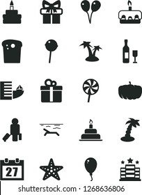 Solid Black Vector Icon Set - daily calendar vector, colored air balloons, balloon, birthday cake, gift, Easter, torte, Chupa Chups, lollipop, pumpkin, wine, passenger, hotel, beach, palm tree