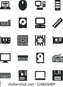 Solid Black Vector Icon Set - laptop vector, monitor, keyboard, processor, computer, notebook pc, radiator fan, mouse, tower, motherboard, memory, card, hdd, floppy