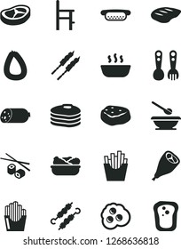 Solid Black Vector Icon Set - plates and spoons vector, a chair for feeding, plastic fork, sausage, stick of, mini hot dog, porridge, lettuce in plate, grill chicken leg, bacon, chop, barbecue