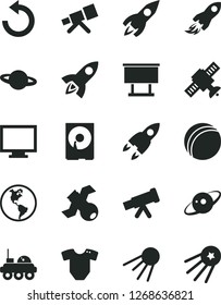 Solid Black Vector Icon Set - monitor vector, counterclockwise, t short, bath ball, artificial satellite, planet, Earth, billboard, rocket, space, hdd, telescope, saturn, lunar rover, first