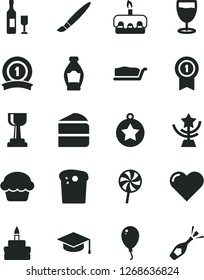 Solid Black Vector Icon Set - tassel vector, balloon, heart, square academic hat, Easter cake, piece of, slice, torte, birthday, lollipop, glass, bottle, gold cup, star, medal, with pennant, ribbon