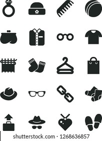 Solid Black Vector Icon Set - spectacles vector, hat, with glasses, bath ball, comb, warm socks, Knitted, T shirt, folded, hanger, cloth industry, purse, bag, diamond ring, baggage, heart pendant