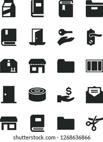 Solid Black Vector Icon Set - folder vector, book, e, window frame, door knob, ntrance, received letter, cardboard box, package, canned goods, kiosk, stall, get a wage, arm with key, exit