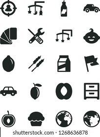 Solid Black Vector Icon Set - sign of the planet vector, toys over cradle, cot, motor vehicle, funny hairdo, small tools, sample colour, flag, nightstand, package, cake, barbecue, liquor, half peach