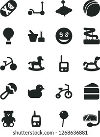 Solid Black Vector Icon Set - beanbag vector, baby duckling, bath ball, tumbler, toy phone, mobile, sand set, small teddy bear, yule, rocking horse, child bicycle, tricycle, Kick scooter, aquapark
