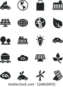 Solid Black Vector Icon Set - paper bag vector, solar panel, leaves, leaf, wind energy, planet Earth, hydroelectric station, hydroelectricity, trees, eco car, environmentally friendly transport, CO2