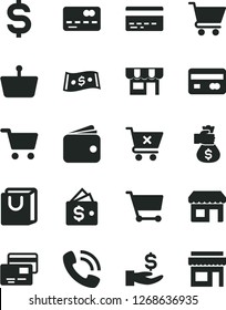 Solid Black Vector Icon Set - bank card vector, cart, crossed, bag with handles, cards, kiosk, shopping, basket, reverse side of a, front the, denomination dollar, get wage, wallet, phone call