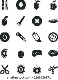 Solid Black Vector Icon Set - scissors vector, mark of injury, iron fork spoons, arm saw, knife, stationery, cheese, pizza, slices onion, piece meat, plum, half mango, peach, melon, cherry, lemon