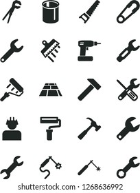 Solid Black Vector Icon Set - paint roller vector, repair key, safety pin, small tools, adjustable wrench, cordless drill, hand saw, spatula, paving slab, hammer, with claw, builder, pipes, welding