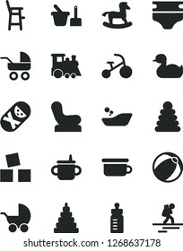 Solid Black Vector Icon Set - mug for feeding vector, bottle, diaper, Baby chair, stroller, carriage, rubber duck, bath ball, children's bathroom, stacking rings, toy, tumbler, sand set, potty