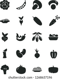 Solid Black Vector Icon Set - onion vector, slices of, porcini, lettuce in a plate, cucumber, tomato, chili, beet, squash, goji berry, apple stub, Bell pepper, carrot, peas, beans, mashroom, radish