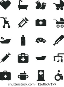 Solid Black Vector Icon Set - first aid kit vector, toys over the cradle, mug for feeding, bottle, baby stroller, carriage, sitting, mercury thermometer, children's bathroom, bath, warm socks, heart