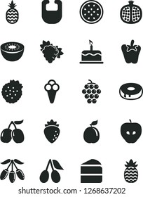 Solid Black Vector Icon Set - bib vector, cake, piece of, with a hole, peper, cone, strawberries, pineapple, half pomegranate, branch grape, large, tasty apple, raspberry, cornels, goji berry, kiwi