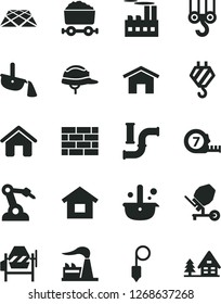 Solid Black Vector Icon Set - house vector, dwelling, brickwork, hook, winch, concrete mixer, long meashuring tape, helmet, plummet, pavement, home, water pipes, factory, industrial building, forest