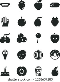 Solid Black Vector Icon Set - cake vector, sausage, mini hot dog, glazed with a hole, Chupa Chups, fried potato slices, cup of popcorn, cone, strawberries, half apricot, red apple, tasty, raspberry