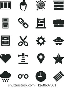 Solid Black Vector Icon Set - scissors vector, briefcase, spectacles, hat with glasses, bedside table, storage unit, cloud, winter, abacus, window frame, interroom door, wall clock, star, heart, sun