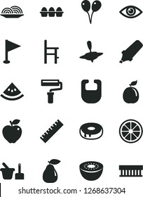 Solid Black Vector Icon Set - paint roller vector, yardstick, pennant, bib, toy sand set, a chair for feeding, small yule, colored air balloons, eye, bundle of eggs, onion, cake with hole, pear