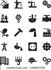 Solid Black Vector Icon Set - hook vector, winch, gears, concrete mixer, buildings, helmet, hammer, sea port, oil derrick, coal mining, valve, manufacture, power line, socket, industrial building