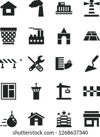 Solid Black Vector Icon Set - house vector, wicker pot, box of bricks, dwelling, big core, building trowel, window, small tools, ceramic tiles, paving slab, road fence, manufacture, industrial