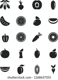 Solid Black Vector Icon Set - beet vector, carrot, half apricot, mulberry, goji berry, water melon slice, date fruit, of tangerine, ripe plum, sweet, yellow lemon, kiwi, passion, orange, apple stub