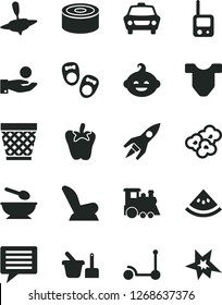 Solid Black Vector Icon Set - image of thought vector, wicker pot, Child T shirt, car seat, toy phone, sand set, deep plate with a spoon, funny hairdo, children's train, small yule, Kick scooter