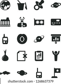 Solid Black Vector Icon Set - dummy vector, toy phone, mobile, children's sand set, delete page, planet, small fish, plum, onion, hydroelectricity, front of the bank card, statistical report, gpu