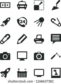 Solid Black Vector Icon Set - image of thought vector, monitor, camera, safety pin, open, building trowel, car, 24, artificial satellite, expand picture, battery, welding, space rocket, pencil