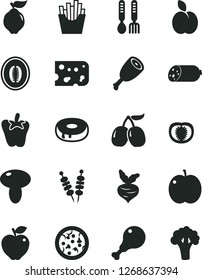 Solid Black Vector Icon Set - iron fork spoons vector, sausage, piece of cheese, fried vegetables on sticks, pizza, mushroom, cake with a hole, chicken leg, thigh, peper, French fries, apple, quince