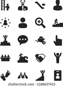 Solid Black Vector Icon Set - zoom vector, children's tracks, garden trolley, index finger, speech, court hearing, woman, man, hand shake, conversation, scientist, winner podium, carrer stairway