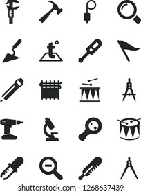 Solid Black Vector Icon Set - graphite pencil vector, zoom out, wind direction indicator, electronic thermometer e, mercury, drumroll, drum, building trowel, drill, plummet, temperature, magnifier