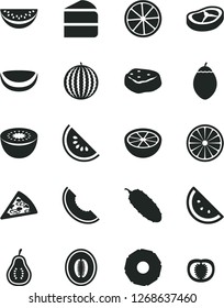 Solid Black Vector Icon Set - piece of pizza vector, cake, bacon, meat, cucumber, orange slice, water melon, half, kiwi, tamarillo, lemon, coconut, pineapple, grapefruit, part guava, tomato