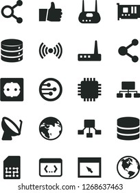 Solid Black Vector Icon Set - power socket type f vector, thumb up, big data, satellite dish, SIM, connection, connections, scheme, hierarchical, cpu, pc card, router, network, browser, coding