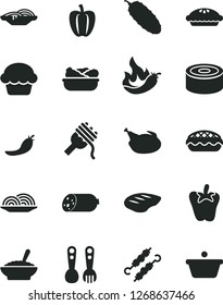 Solid Black Vector Icon Set - plastic fork spoons vector, sausage, canned goods, onion, slices of, spaghetti, cake, pie, apple, a bowl buckwheat porridge, lettuce in plate, chicken, chop, cucumber