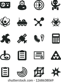 Solid Black Vector Icon Set - molecule vector, atom, nuclear, satellite, bactery, biohazard, oscilloscope, scientist, clipboard, calculator, artifical insimination, radar, earth core, robot, patente