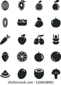 Solid Black Vector Icon Set - lettuce in a plate vector, carrot, orange, mint, red apple, raspberry, blueberry, tasty cornels, melon, half of mango, tangerine, sweet date fruit, yellow lemon, slice