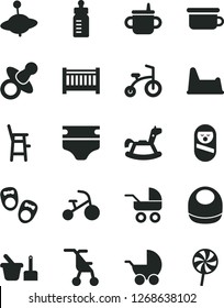 Solid Black Vector Icon Set - baby cot vector, dummy, mug for feeding, bottle, diaper, bib, stroller, carriage, sitting, roly poly doll, toy sand set, children's potty, chair, a child, yule, bicycle