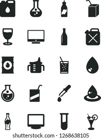 Solid Black Vector Icon Set - measuring cup for feeding vector, e, packing of juice with a straw, drop, screen, glass soda, bottle, liquor, round flask, oil, canister, monitor, test tube, pipette