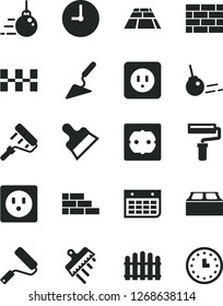 Solid Black Vector Icon Set - paint roller vector, brickwork, brick wall, big core, building trowel, new, power socket type b, f, ceramic tiles, block, putty knife, spatula, hedge, paving slab