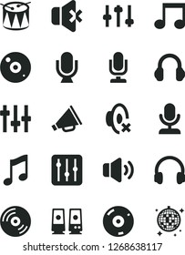 Solid Black Vector Icon Set - desktop microphone vector, horn, silent mode, drum, music, CD, regulator, volume, no sound, headphones, pc speaker, note, settings, disco ball