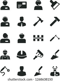 Solid Black Vector Icon Set - builder vector, workman, trowel, building, paint roller, ceramic tiles, construction helmet, putty knife, hammer, with claw, employee, pass card, operator, welding, gas